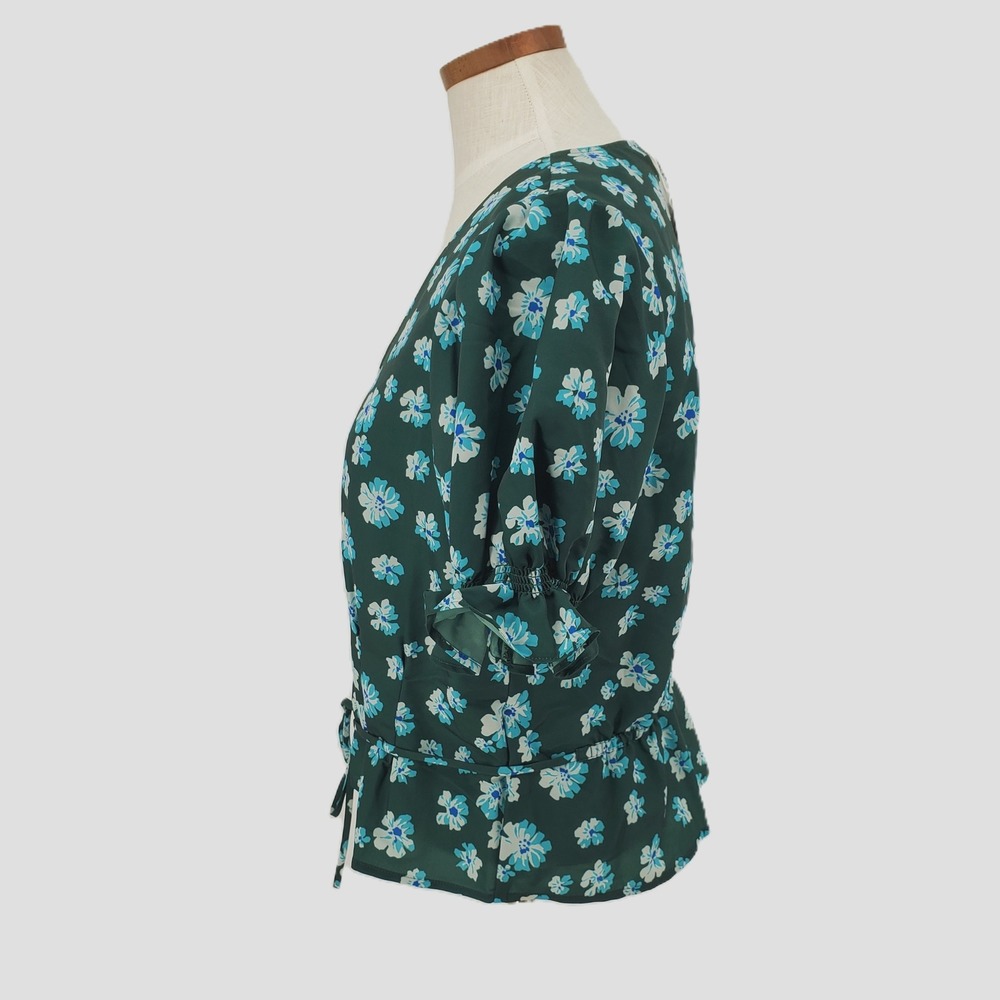 Outerknown L Astral Floral Print Puff Sleeve Tie Waist V Neck Blouse Green Blue - Picture 2 of 8